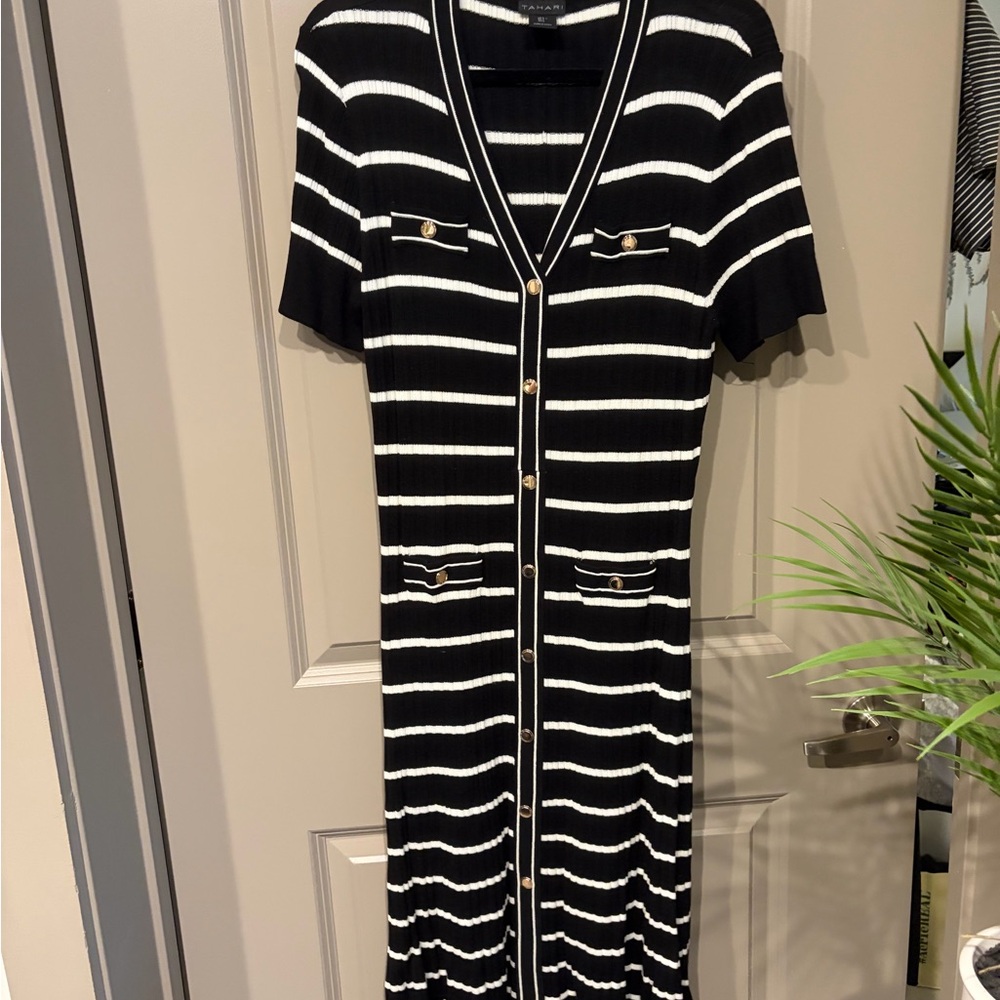 Tahari Black and White Striped Button-Front Midi Dress